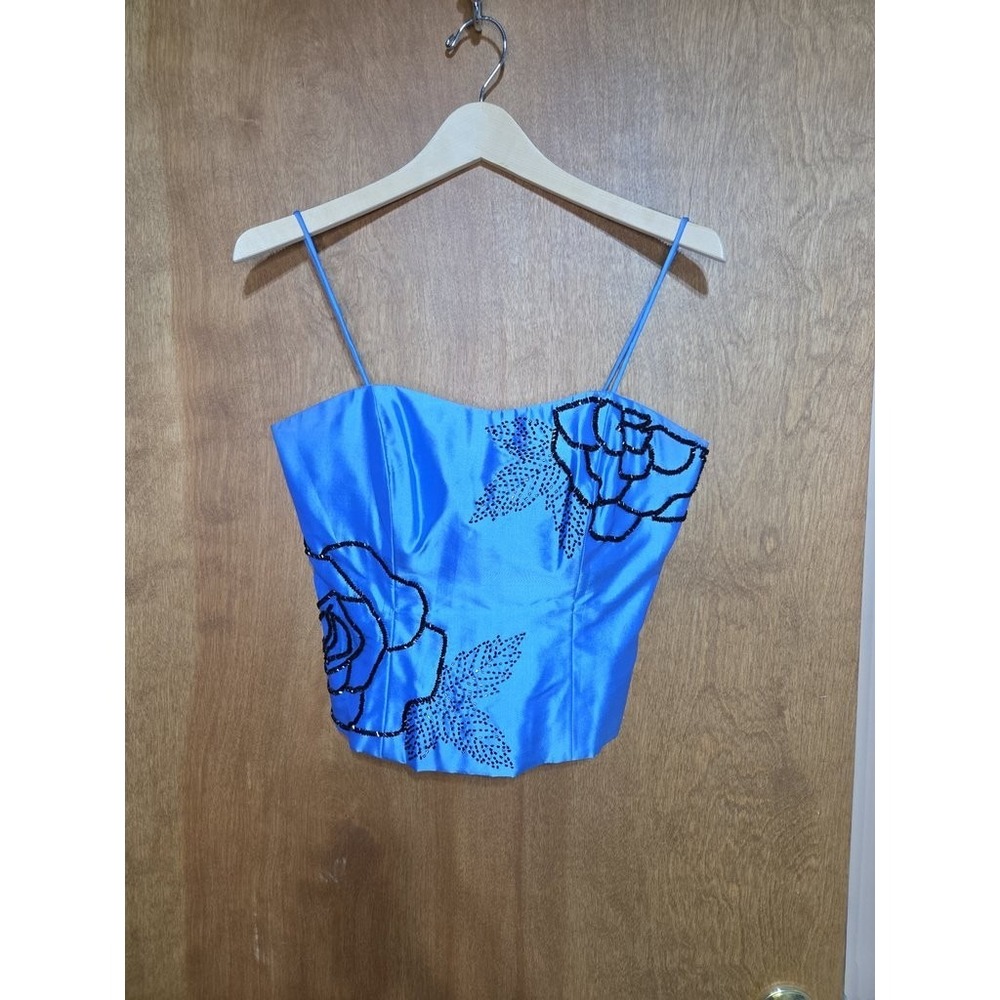 Marisa Baratelli Size 6 Blue Thai Silk Beaded Floral Corset Top Evening Camisole